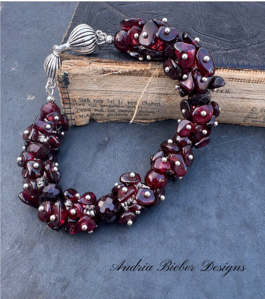 Garnet wire wrapped chip stone, silver, bracelet