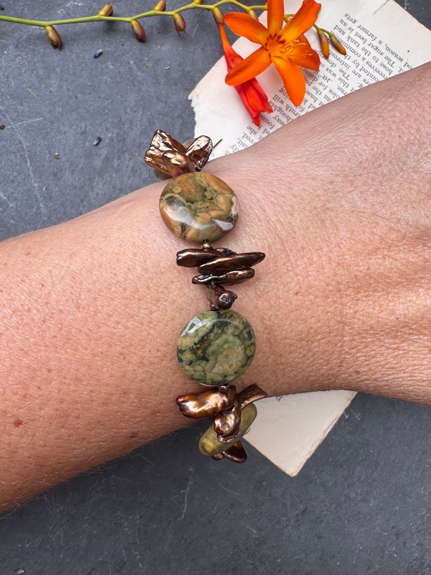 Green opal, brown pearls, peridot, Vintaj brass, bracelet.