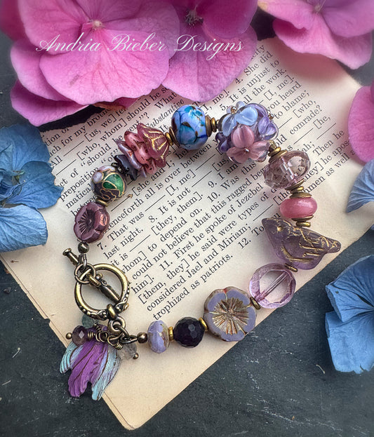 Handmade flower lampwork glass, Czech glass, ceramic, brass metal.
