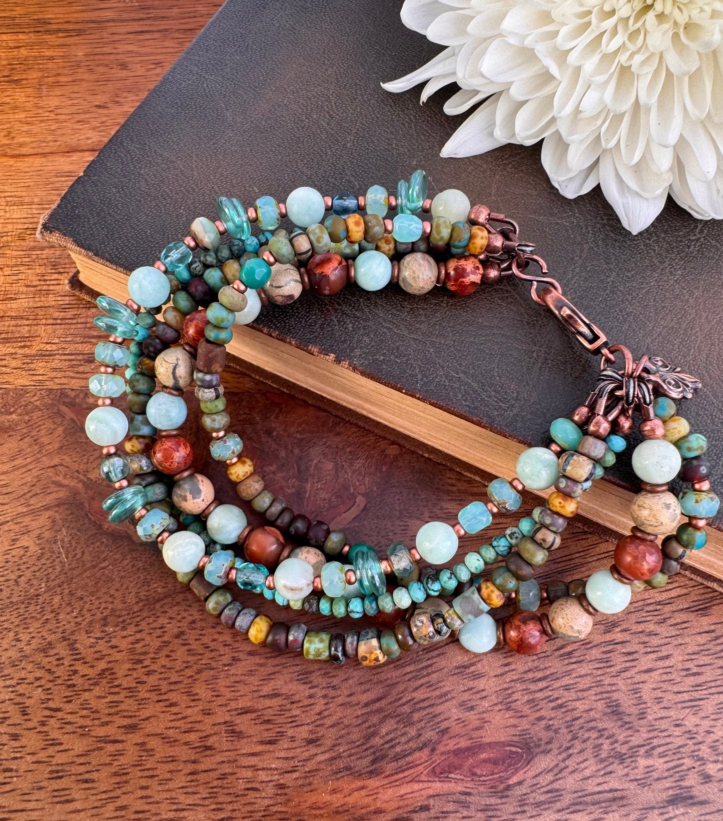 Amazonite, huebei turquoise, Czech glass, jasper, copper metal, bracelet