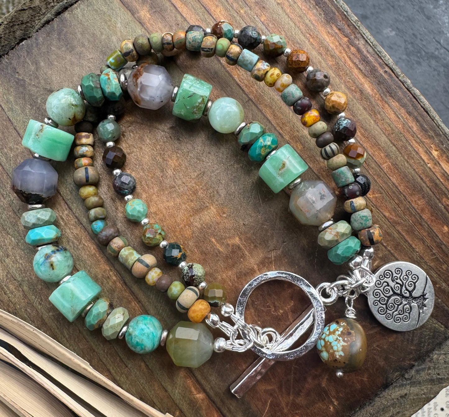 Turquoise, chrysoprase stone, Czech glass, silver, bracelet