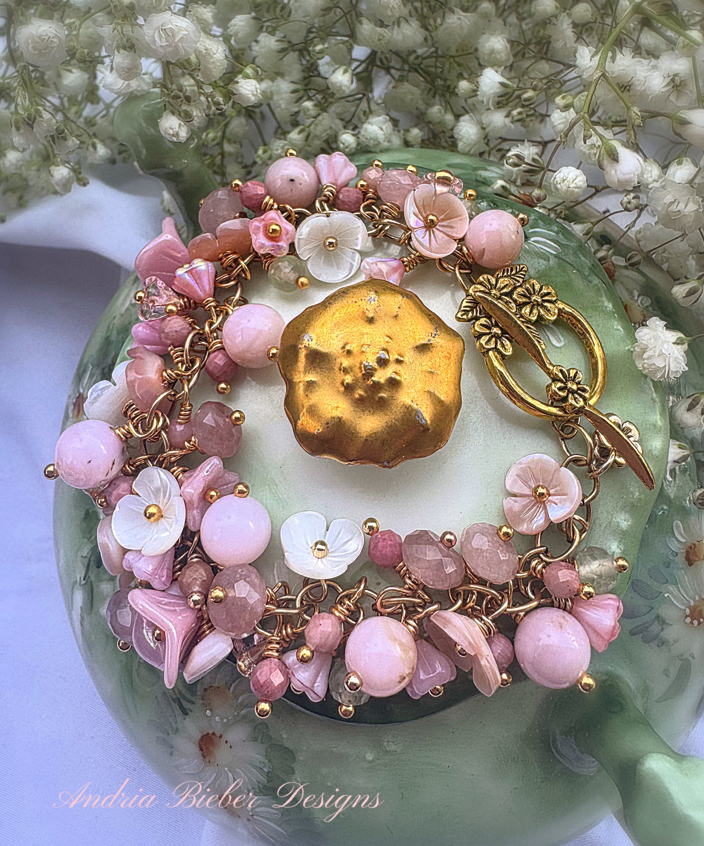 Pink opal, pink shell blossoms, rose quartz, peridot, 18k solid gold charm,  gold metal chain, bracelet. KIT.