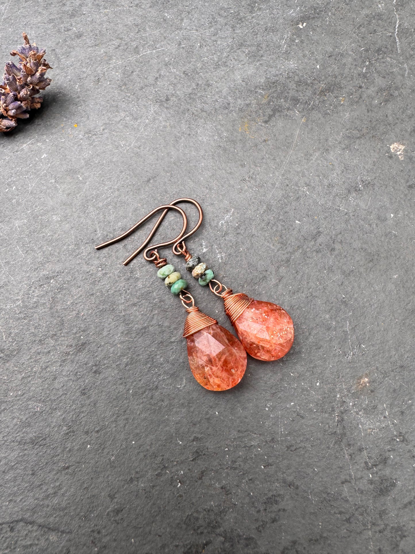 Sunstone, turquoise, copper metal, earrings
