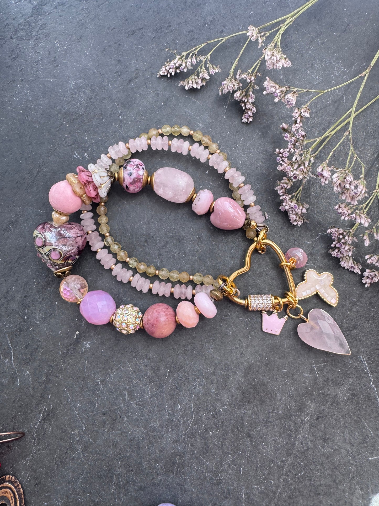 Pink love. lampwork glass, rose quartz, citrine, ceramic, moonstone, pink opal, rhinestone and Czech glass bracelet.