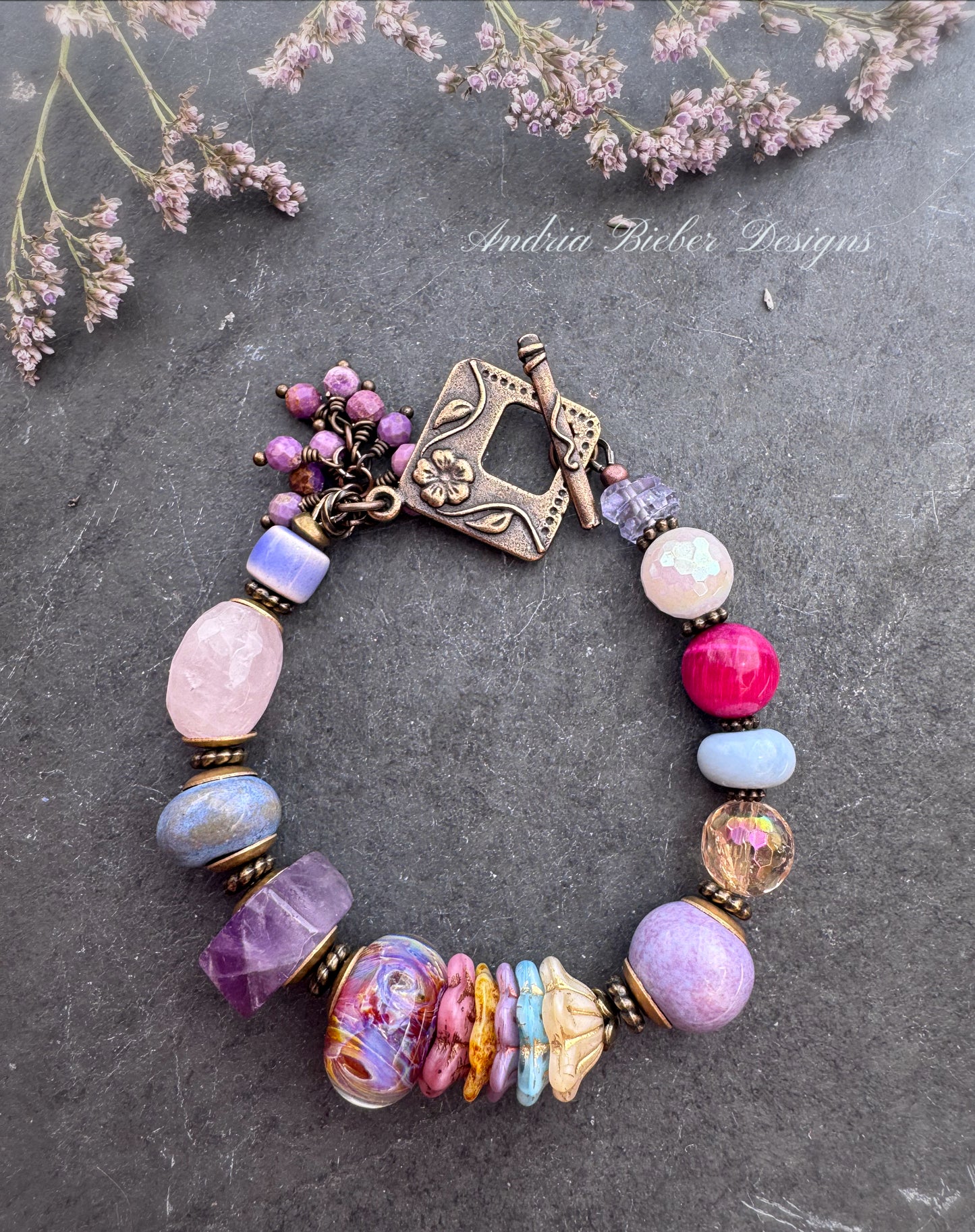 Sunset magic. lampwork glass, rose quartz, citrine, ceramic, amethyst, blue opal, pink tiger eye and Czech glass bracelet.