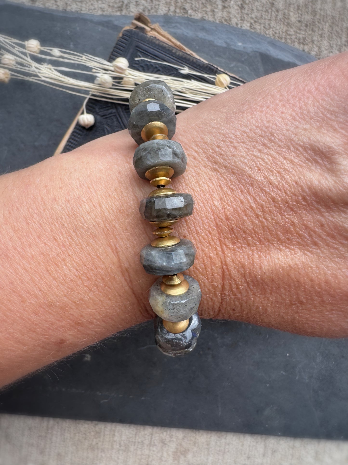 Labradorite faceted stone, rhinestone,  bracelet.