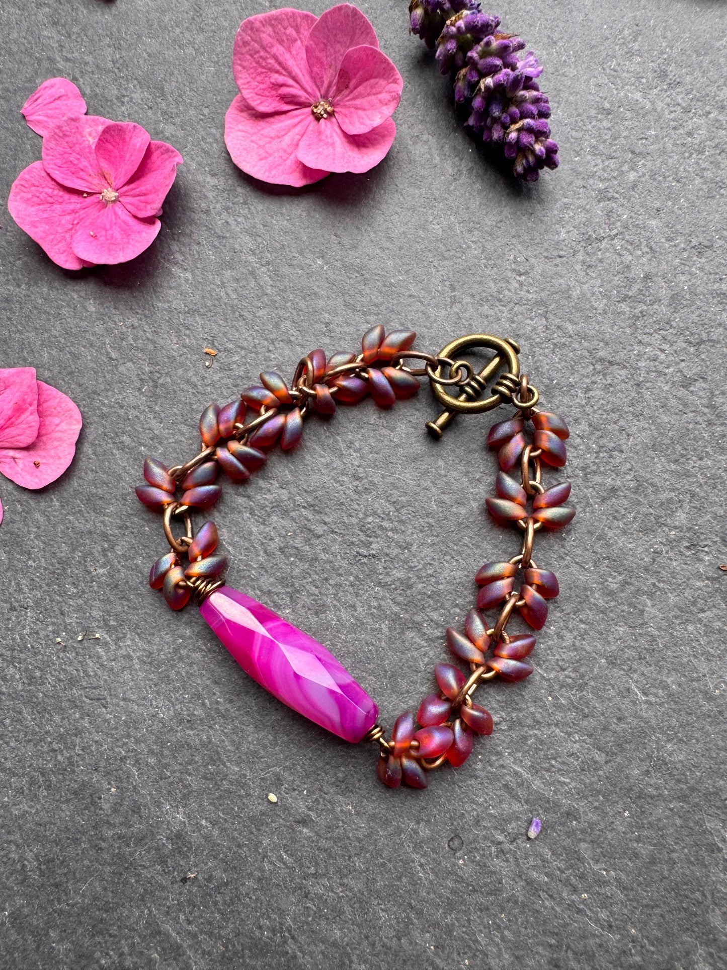 Pink agate, pink & blue Czech glass, Vintaj brass, bracelet.