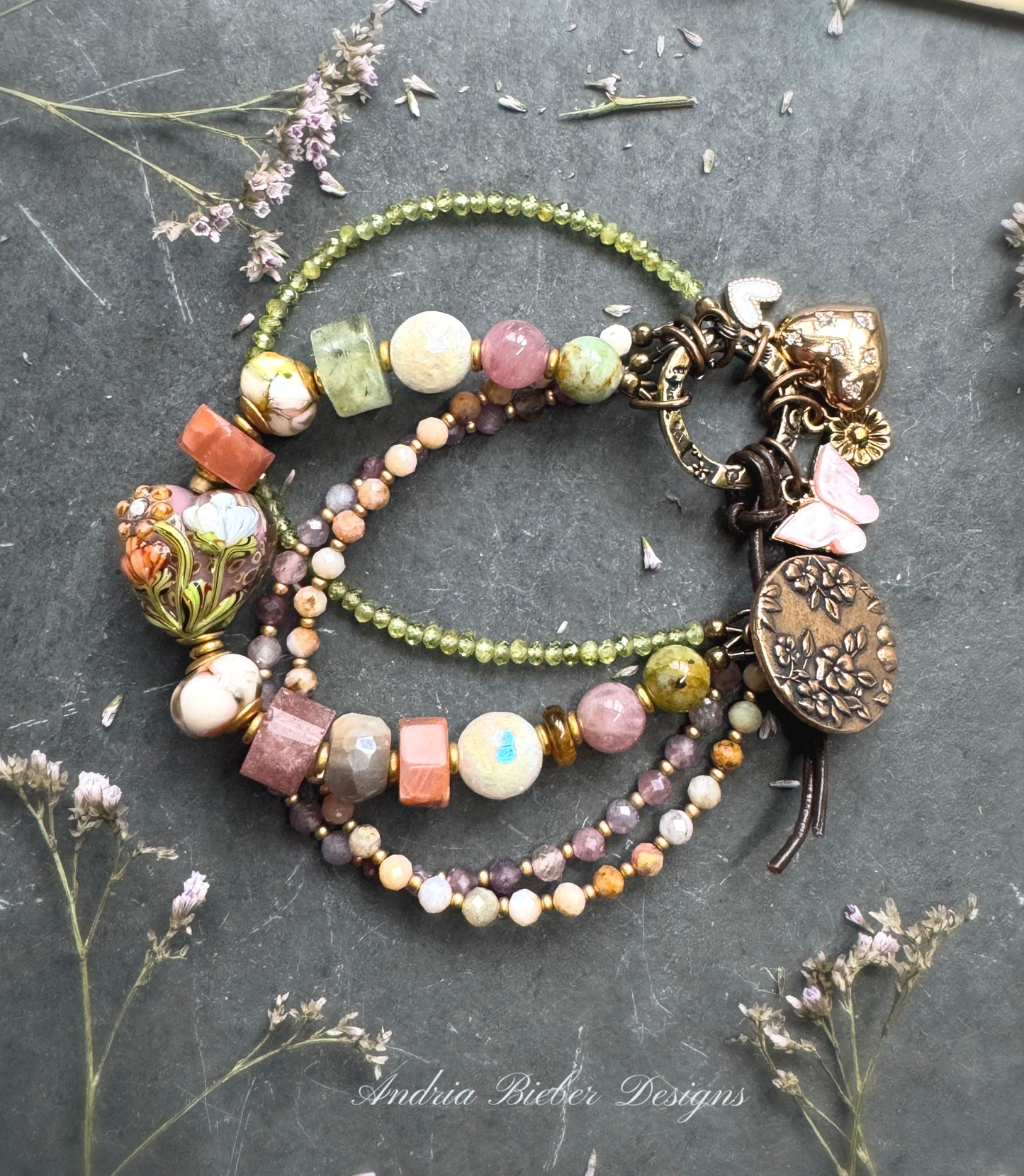Spring garden. Mixed gemstone, lampwork glass, flower button clasp.