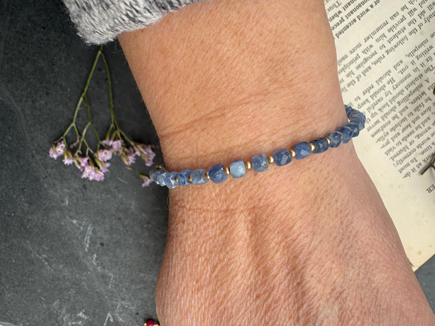Kyanite faceted cube stone, gold metal, bracelet