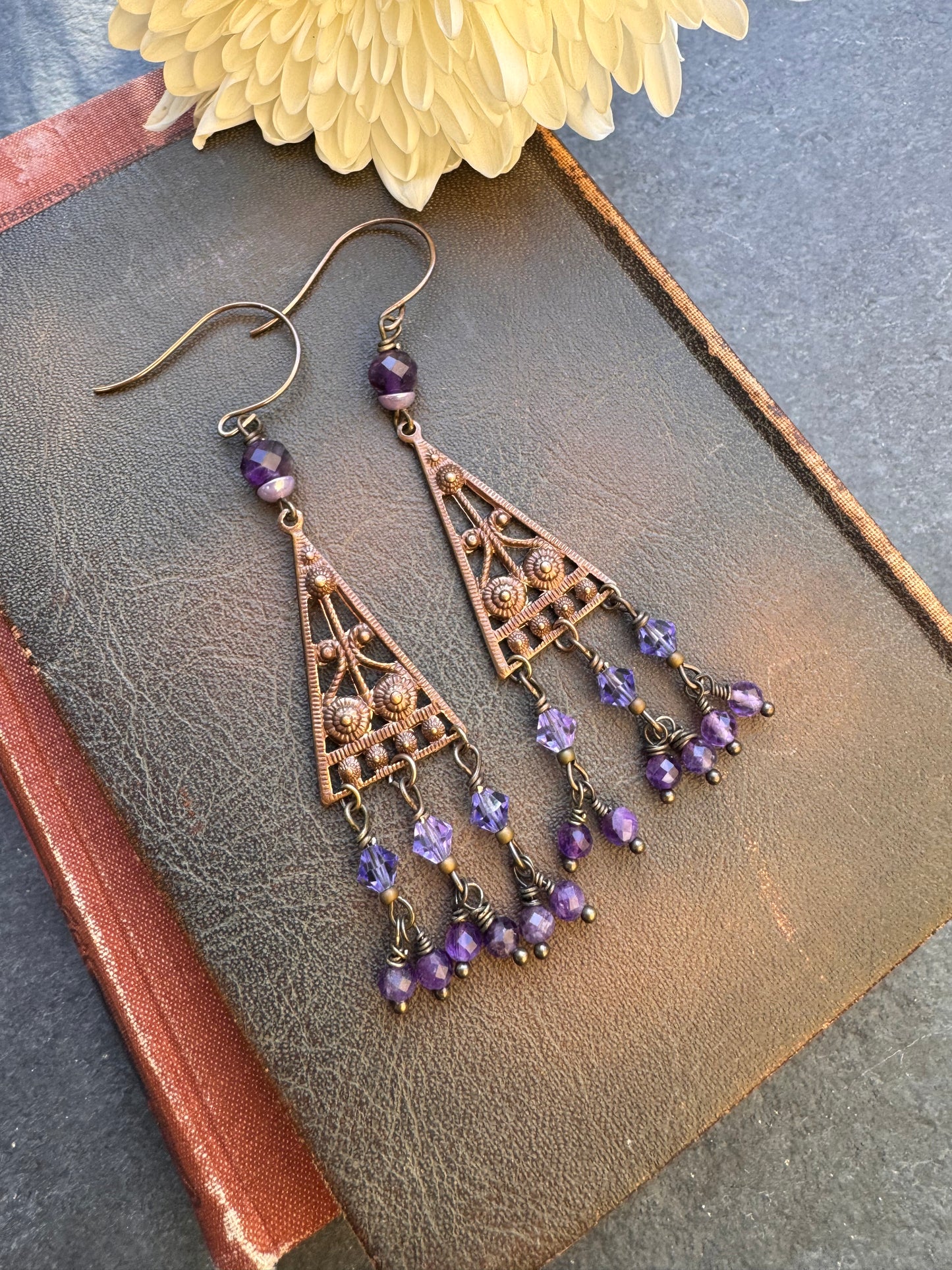 Amethyst stone, crystal, Vintaj brass metal, earrings