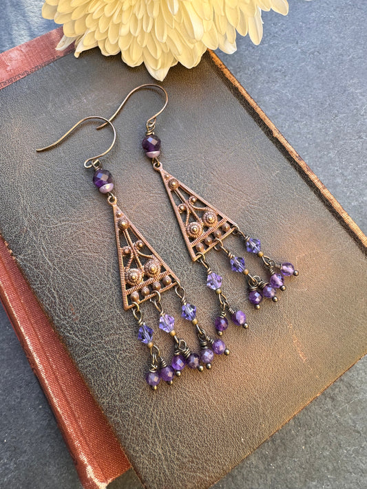 Amethyst stone, crystal, Vintaj brass metal, earrings