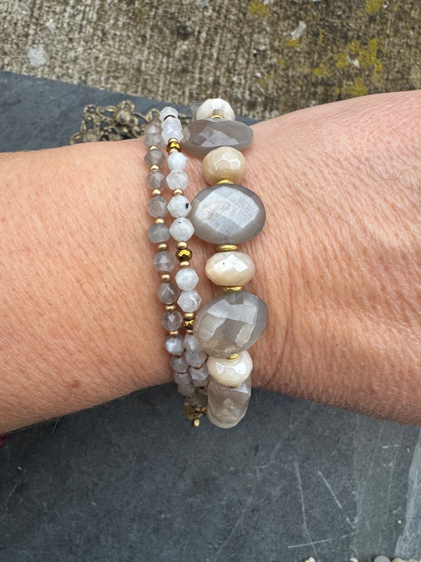Moonstone, rhinestone clasp, multi strand, gold metal, bracelet.