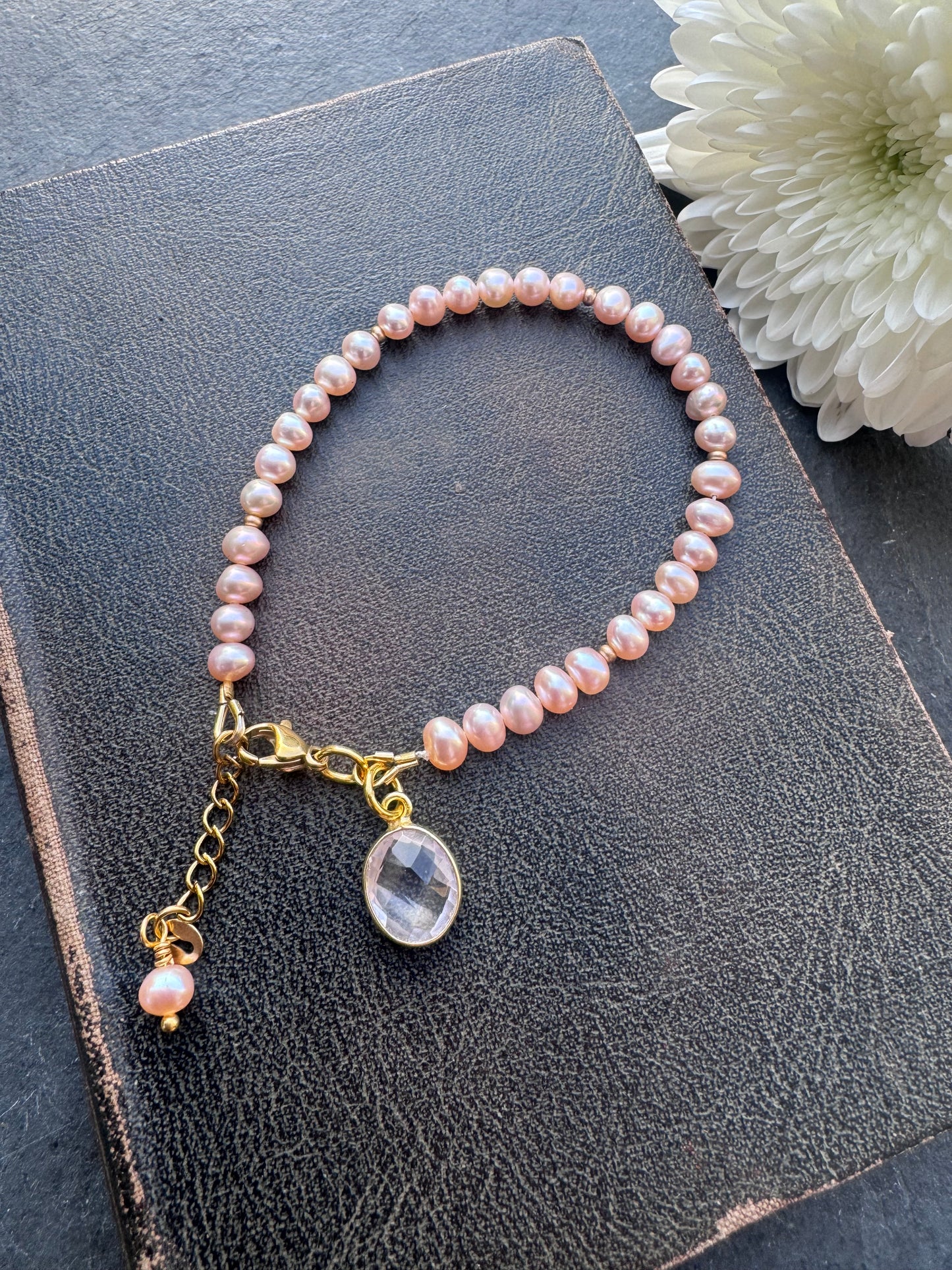 Soft pink Freshwater AAA white Pearls, rose quartz drop, bracelet