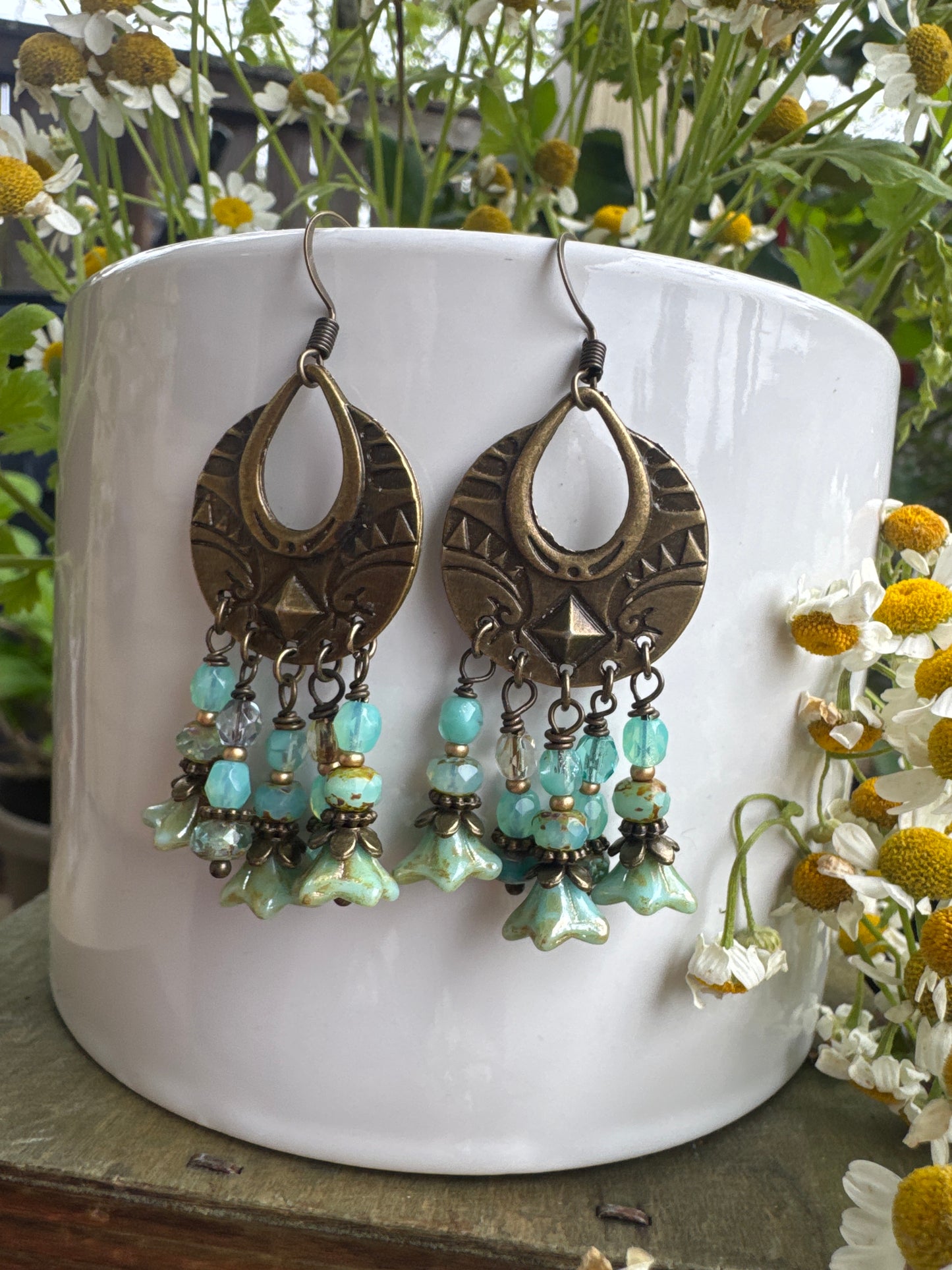 Teal Czech glass, bronze, boho, earrings