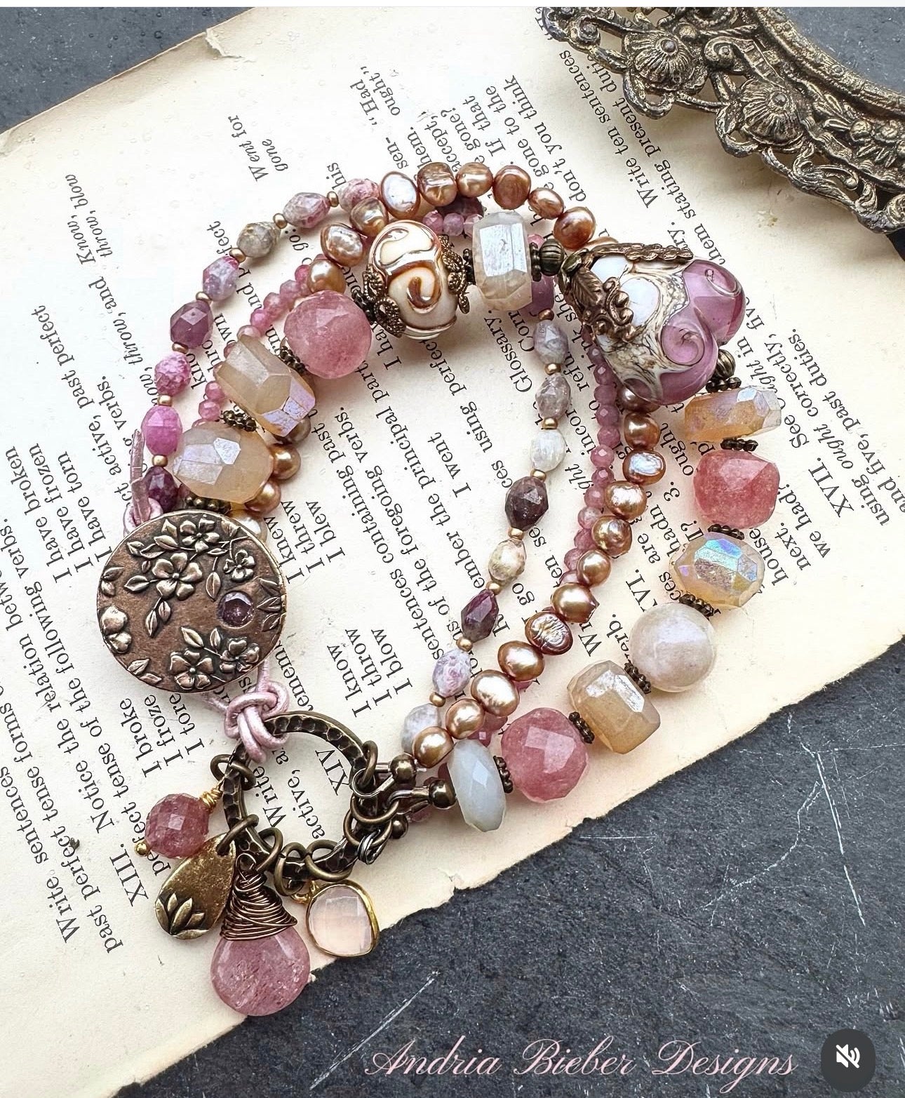 Pink cherry blossom. handmade lampwork glass, AB moonstone, strawberry quartz, pink tourmaline, topaz pearls, cherry blossom button, pink leather, bracelet. MTO.