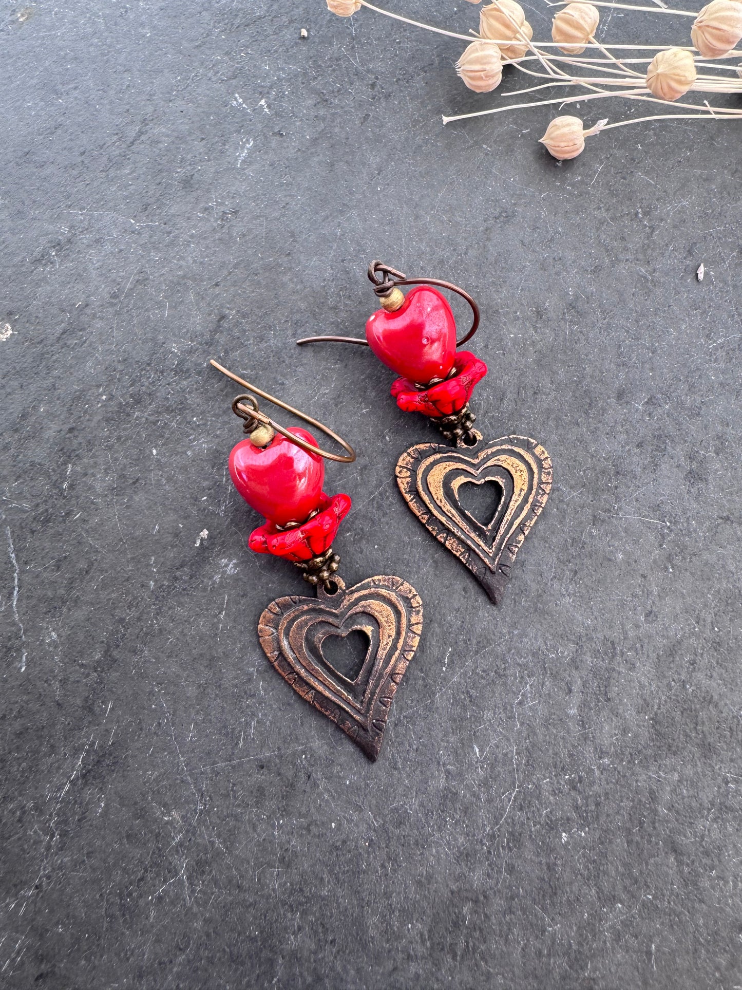 Heart bronze metal charms, glass beads and brass metal, earrings
