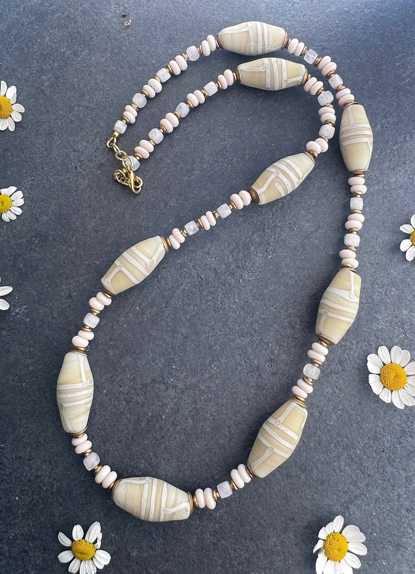 African glass, Java glass, moonstone, African brass necklace
