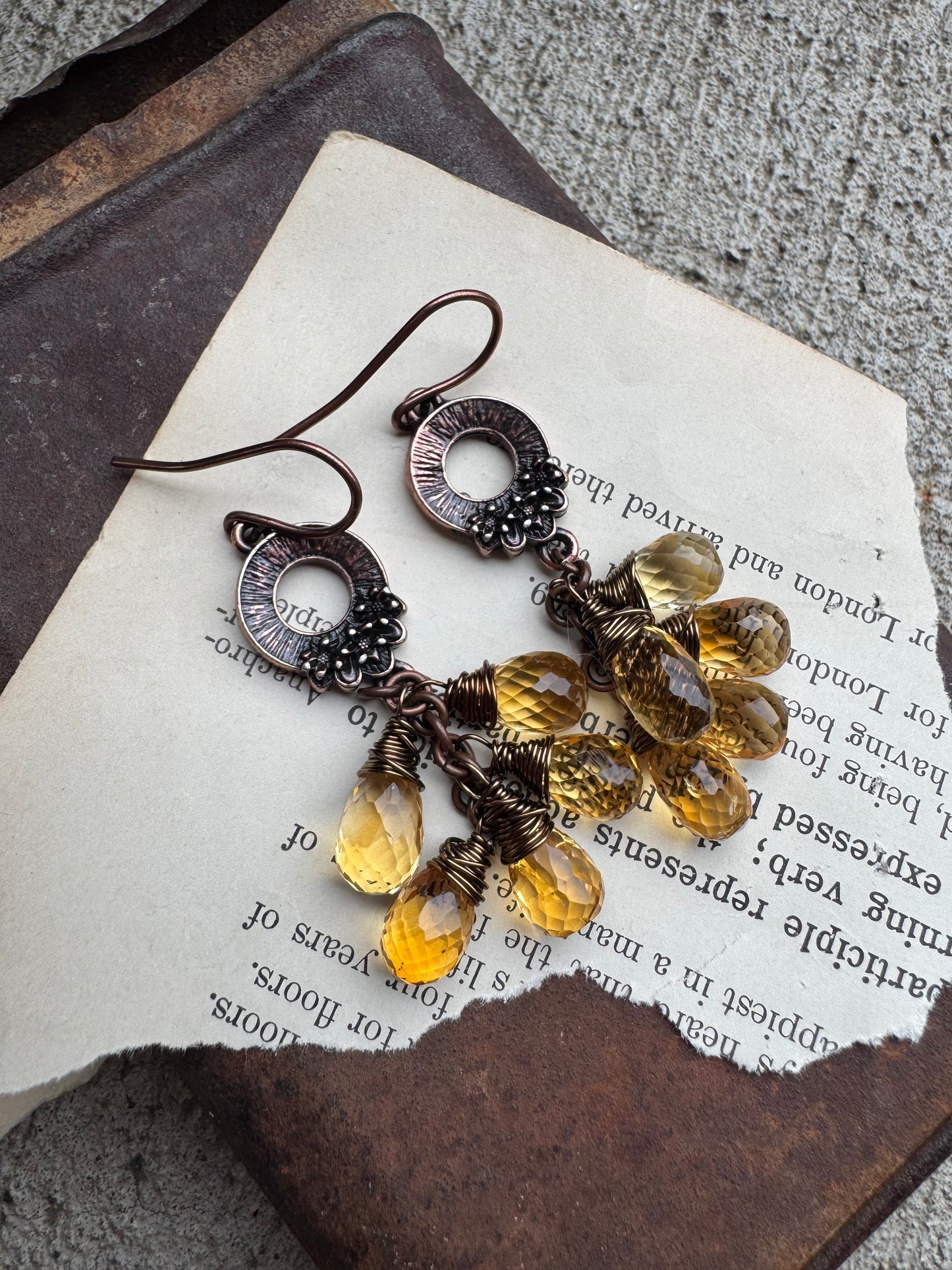 Flower copper detailed charms, faceted citrine stone, copper earrings