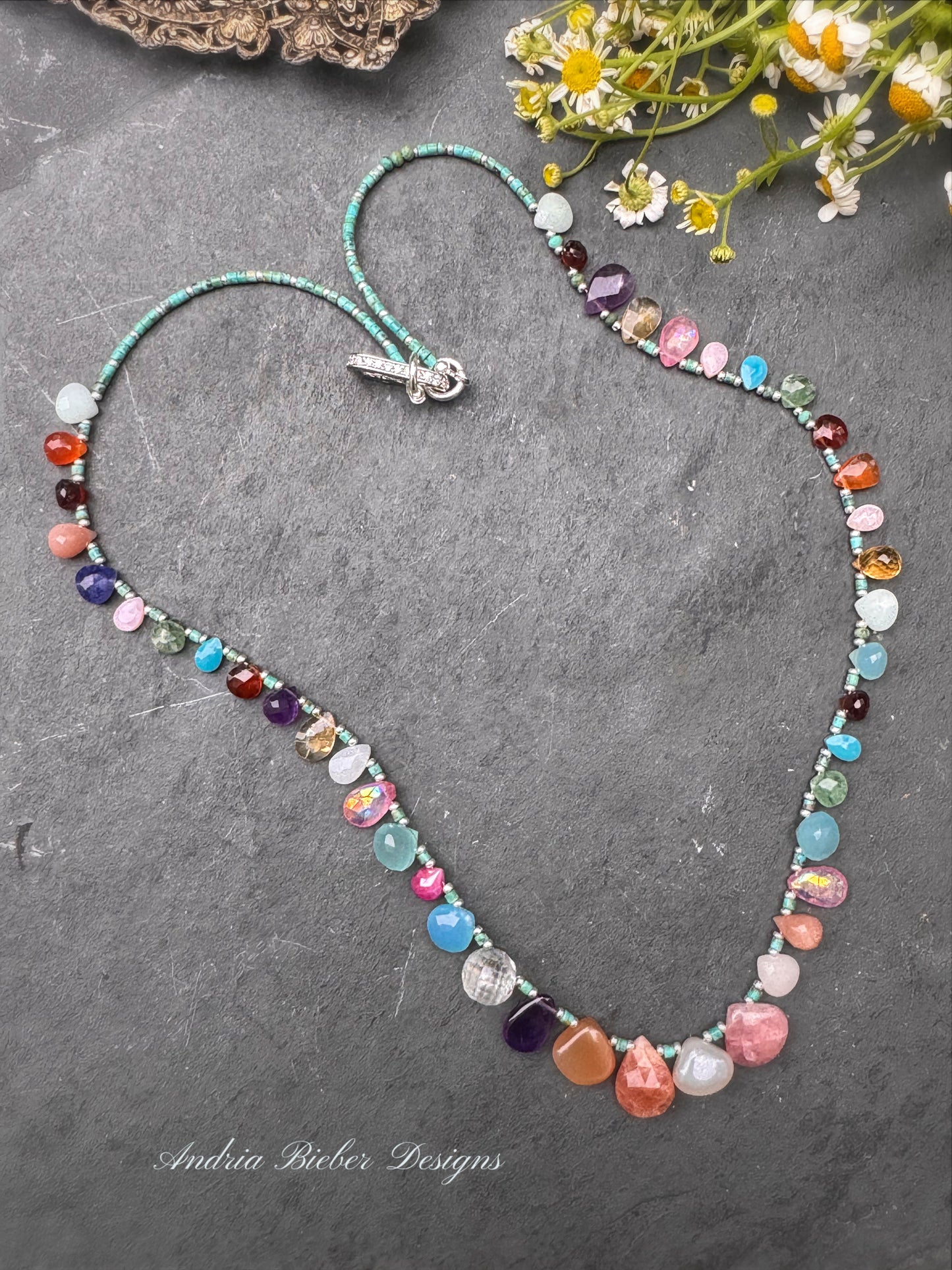 Mixed gemstone teardrop and briolette beads with Hubei Turquoise and silver rhinestone clasp, necklace .