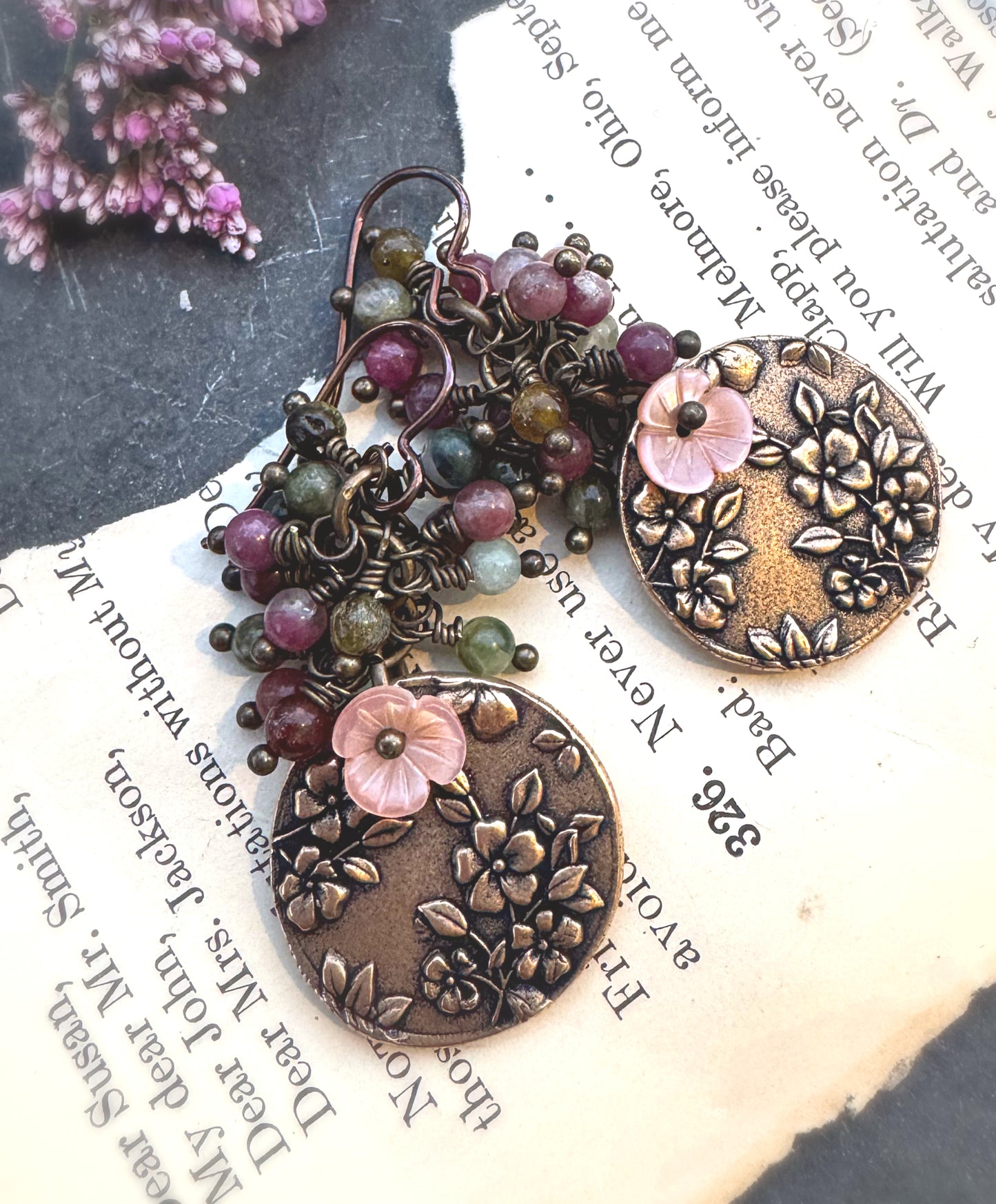 Watermelon tourmaline stone, pink shell flowers, handmade bronze flower charms, earrings