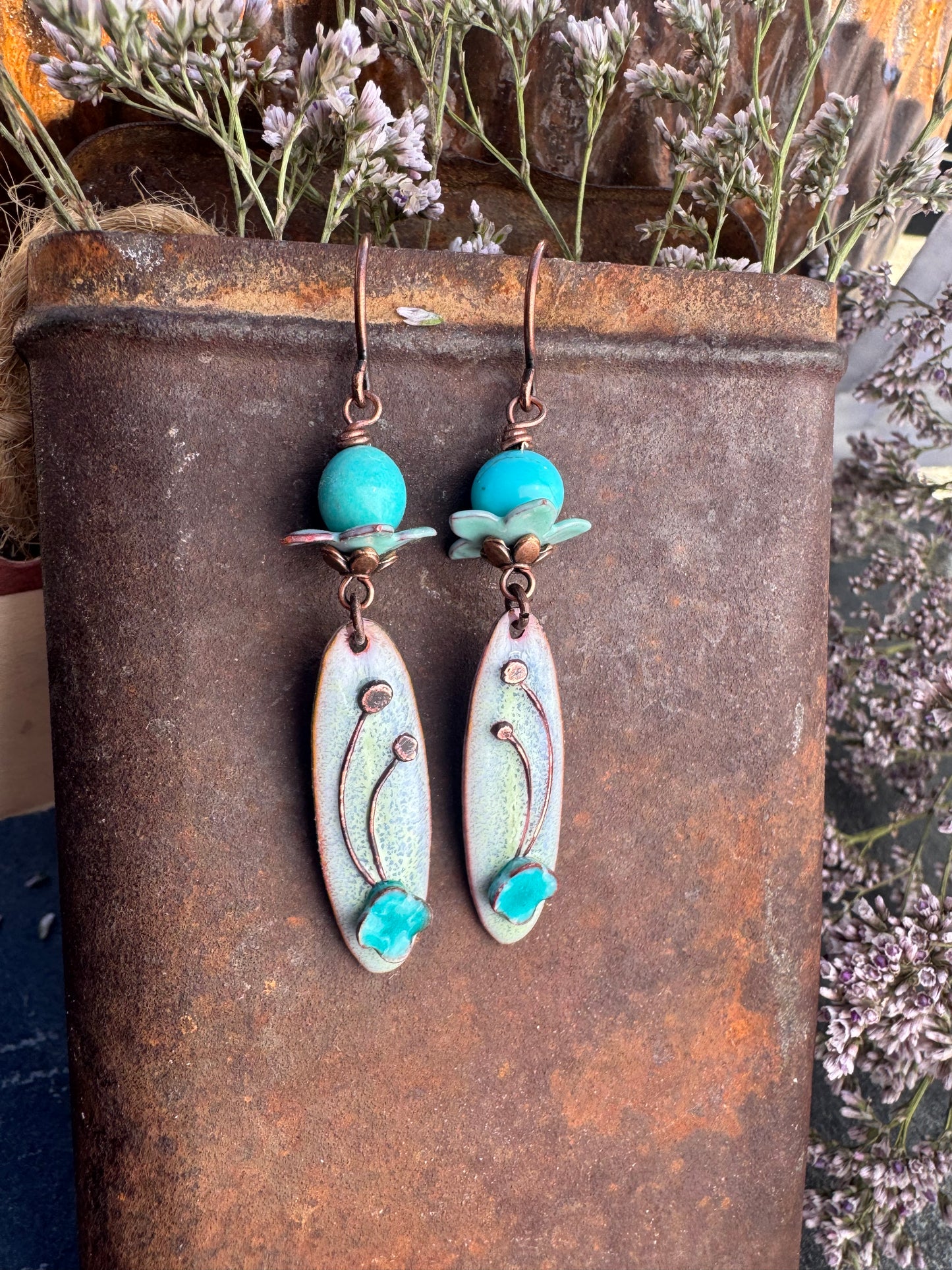 Enamel charm in glass and copper metal, enamel teal flower bead caps, kingman turquoise, earrings