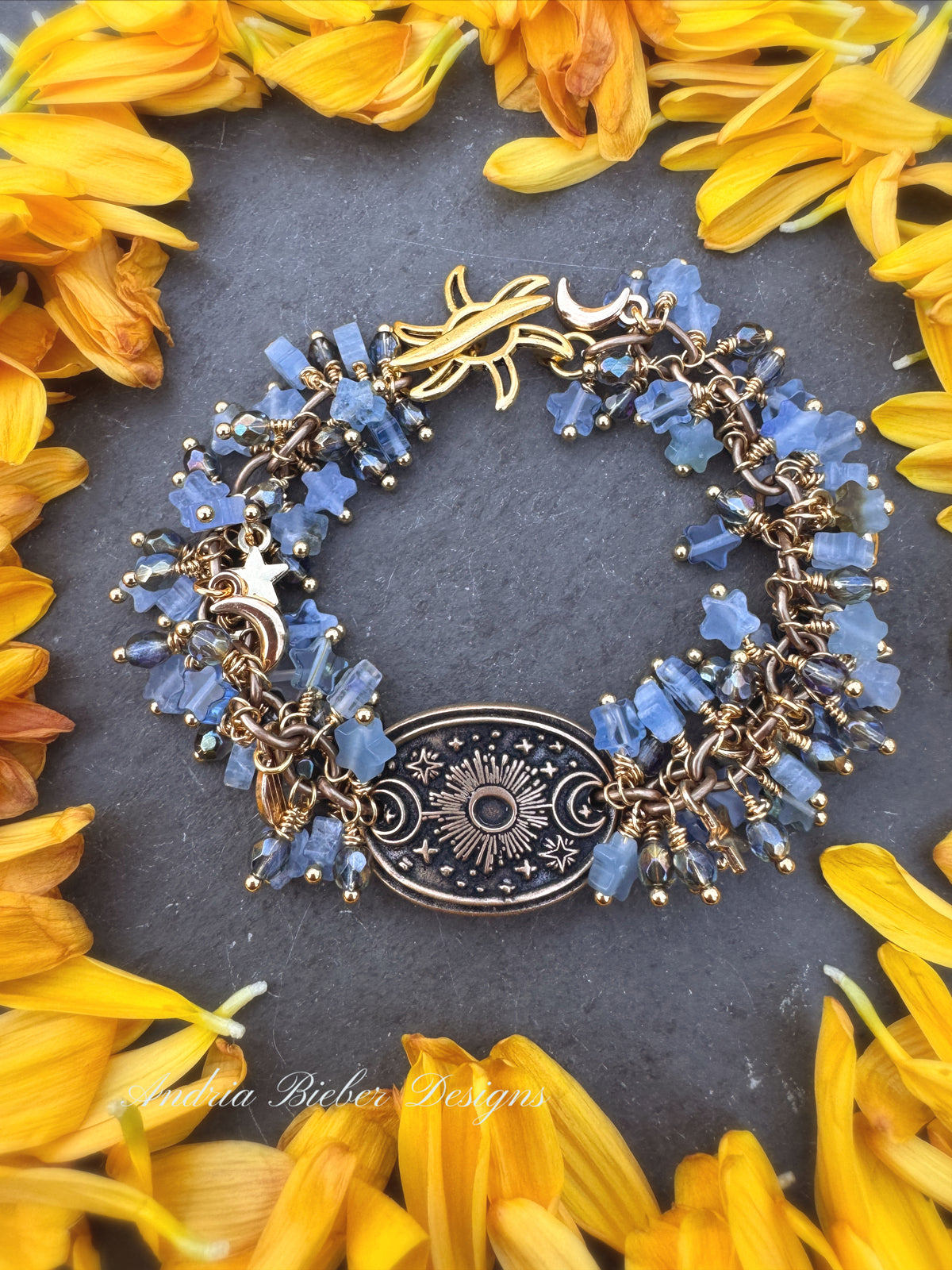 Moon and stars. Mexican calcite star stones, handmade bronze celestial pendant, moon & star charms, bracelet