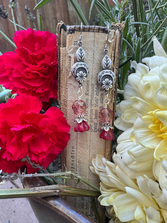 Pink Czech glass, silver filigree drop, earrings.