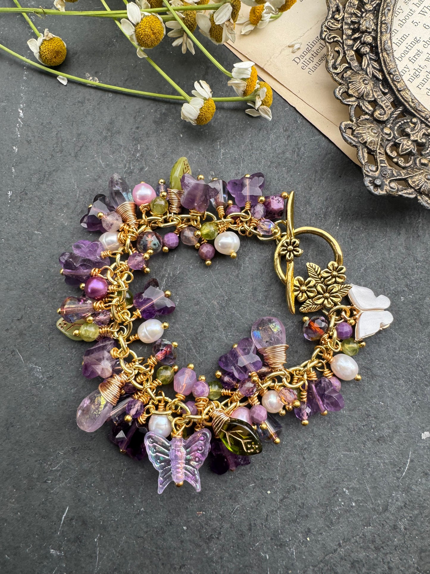 Amethyst, pearls, Czech glass, gold metal, butterfly bracelet.
