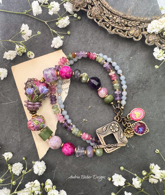 Lampwork glass, tourmaline, amethyst, iolite, jade, blue opal, prehnite, Czech glass and flower clasp
