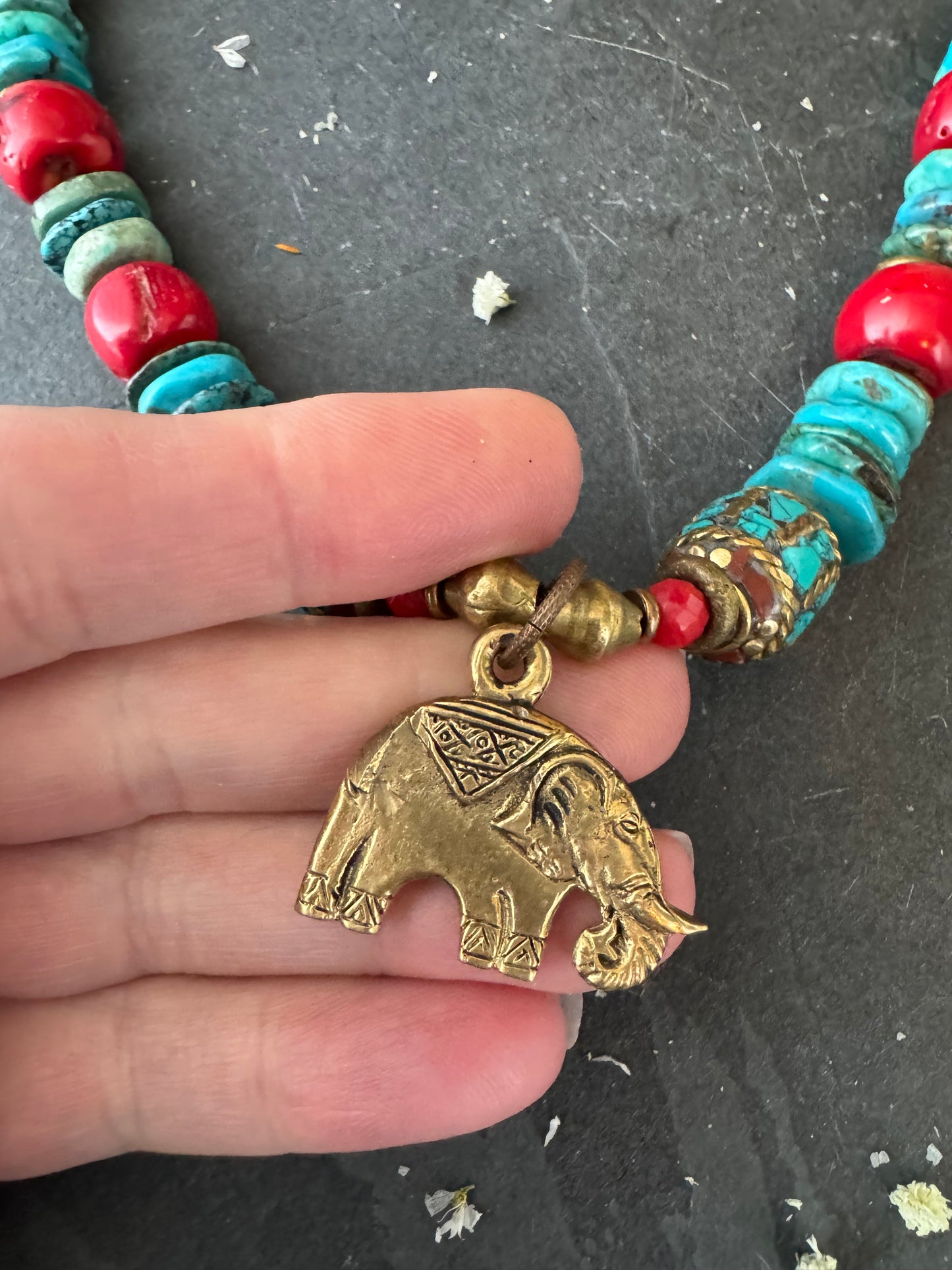 Turquoise stone, nepal inlaid beads, african brass, necklace, jewelry