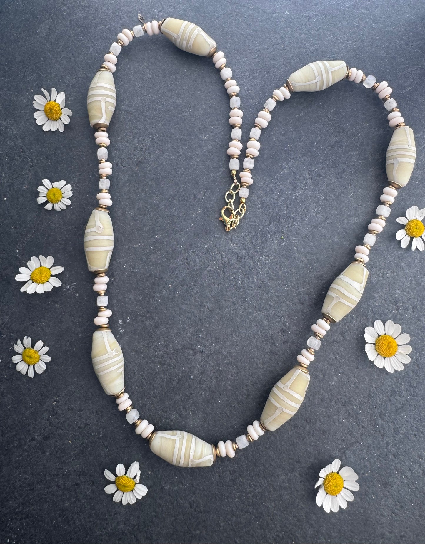 African glass, Java glass, moonstone, African brass necklace