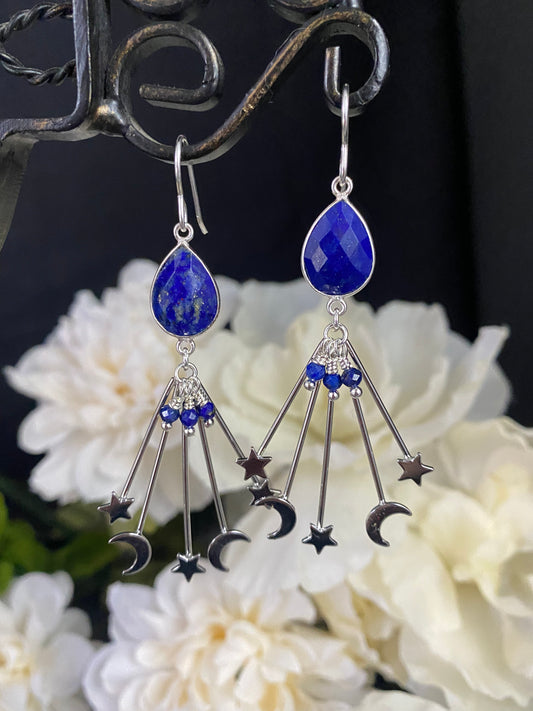 Lapis lazuli stone, moon and stars charms, silver metal, earrings, jewelry