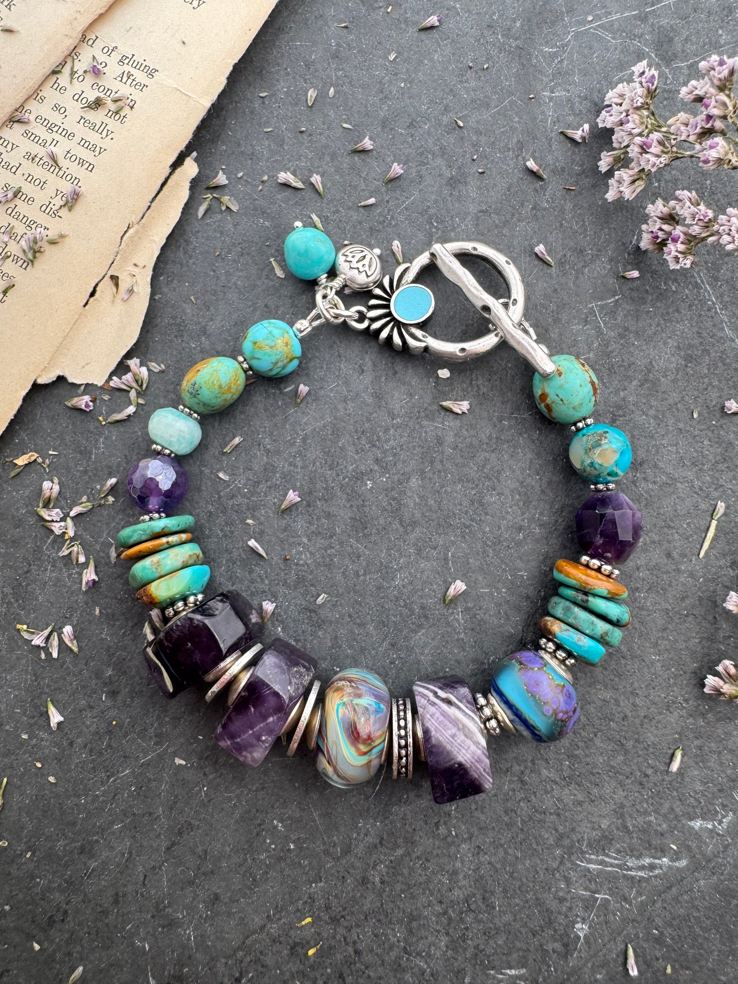 Turquoise kingman, handmade lampwork glass, amethyst, Amazonite, jasper, silver metal, bracelet.