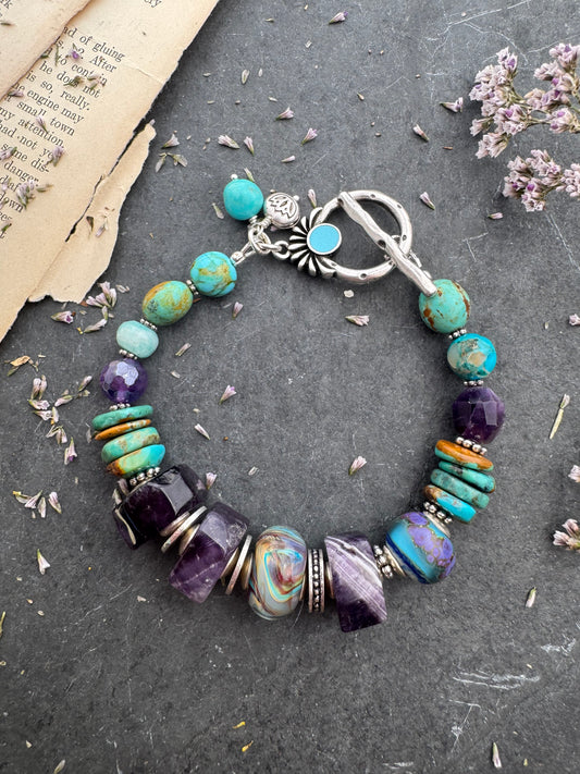 Turquoise kingman, handmade lampwork glass, amethyst, Amazonite, jasper, silver metal, bracelet.