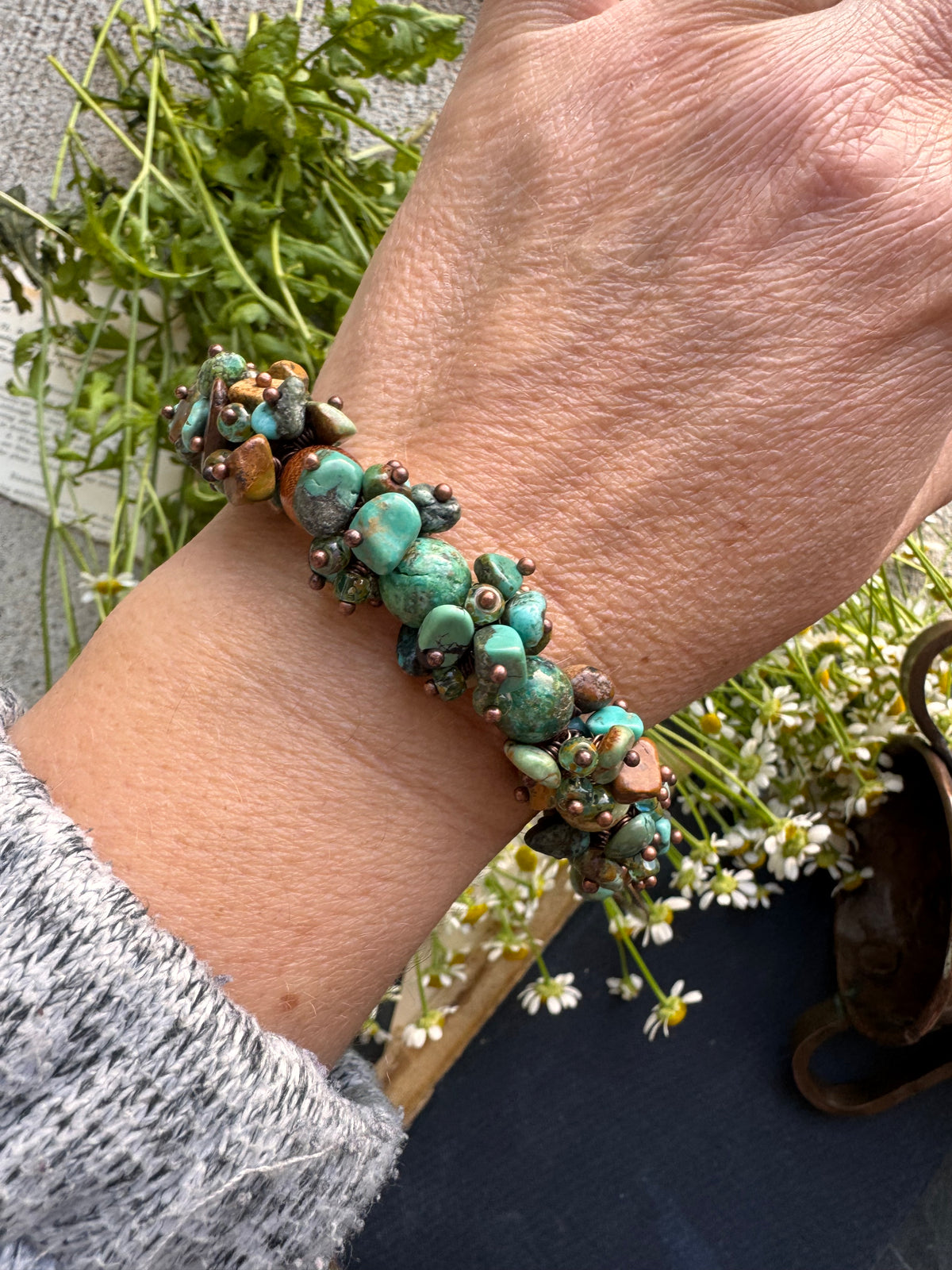 Turquoise, sandalwood, Czech glass, enamel, bracelet