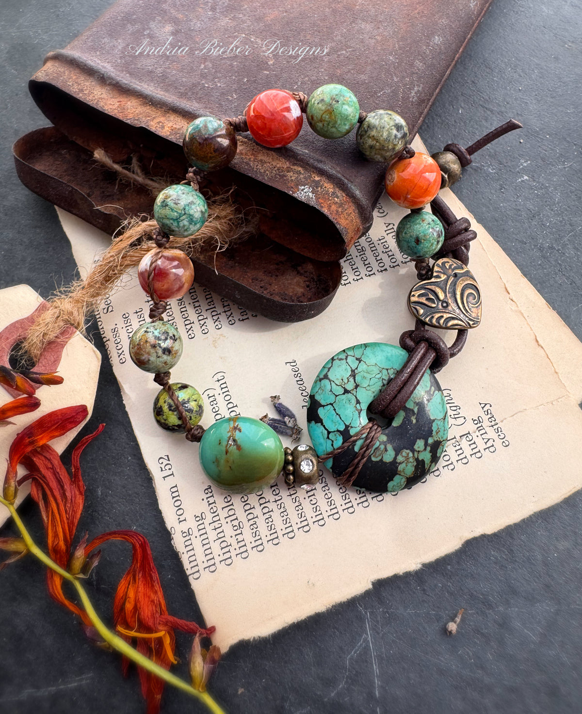 turquoise, carnelian agate, bronze metal, button bracelet.