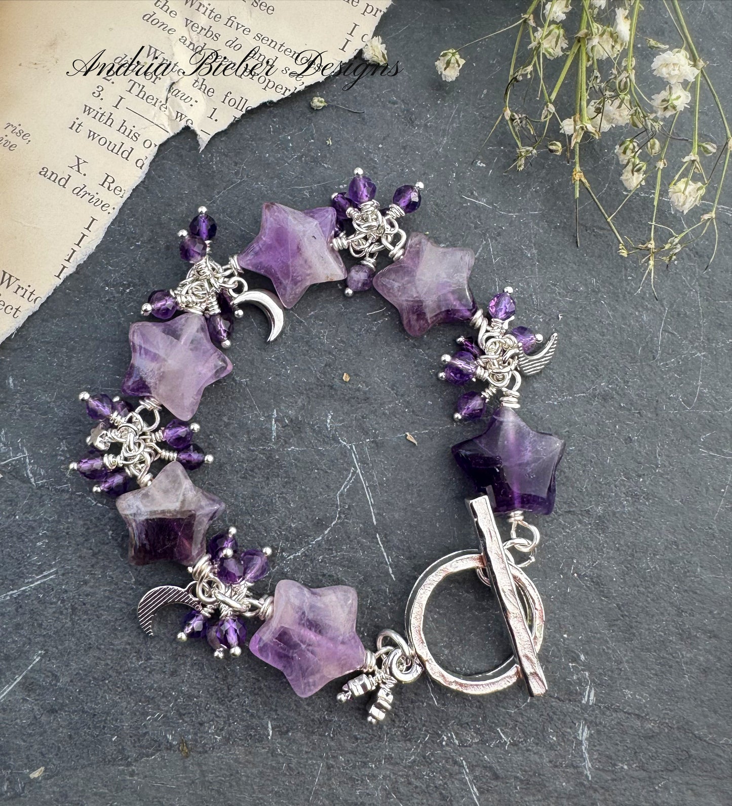 Amethyst stone stars, amethyst stone, silver metal, bracelet