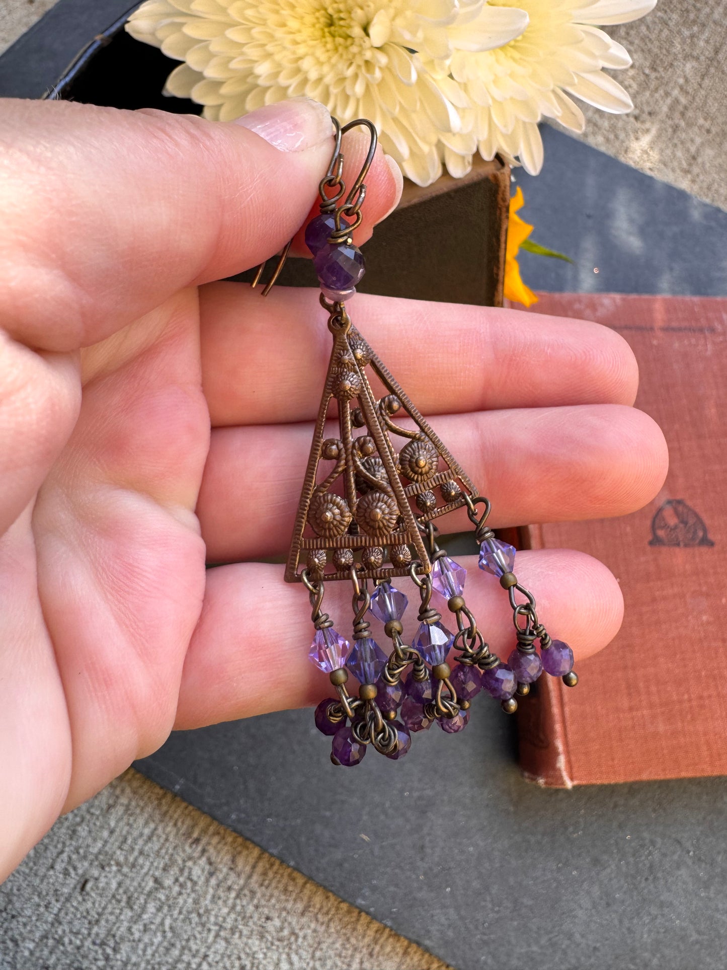 Amethyst stone, crystal, Vintaj brass metal, earrings
