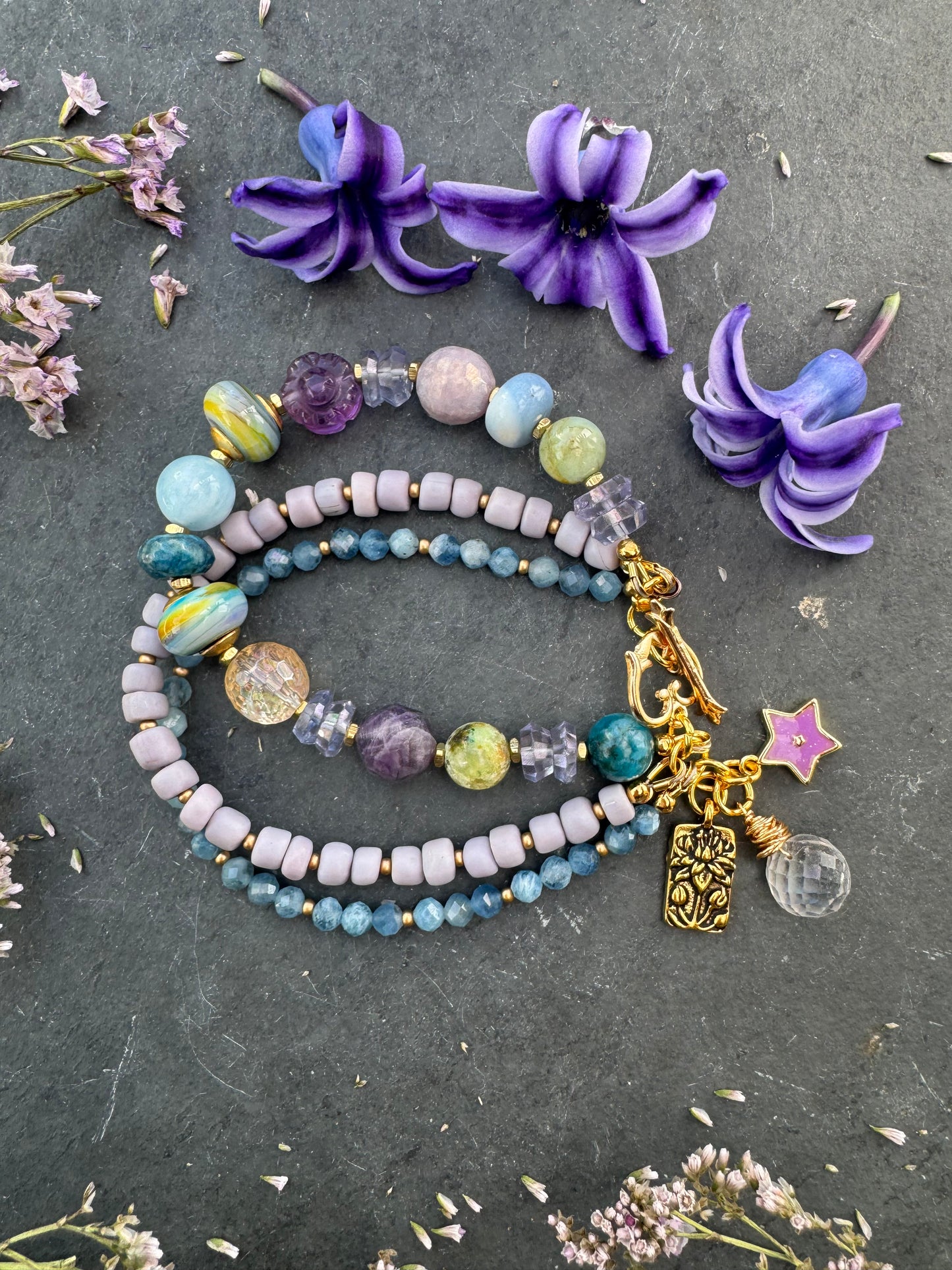 handmade lamp work glass, blue opal, fluorite, citrine, aquamarine, amethyst, ioilite, java glass, bracelet