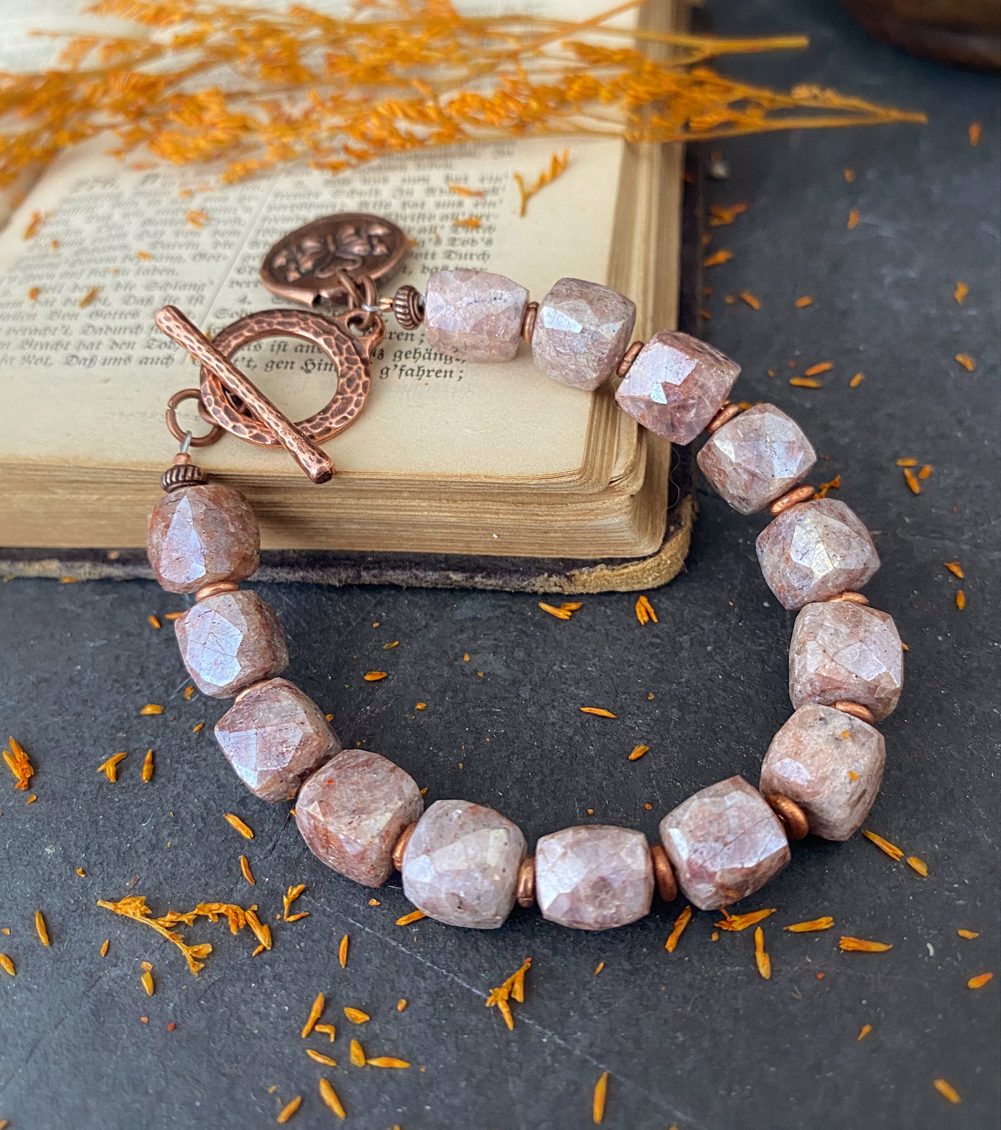 Red creek jasper mystic coated stone, copper metal bracelet.