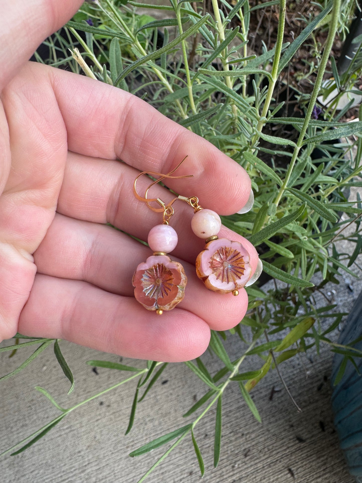 Pink opal, Czech glass, brass metal, earrings
