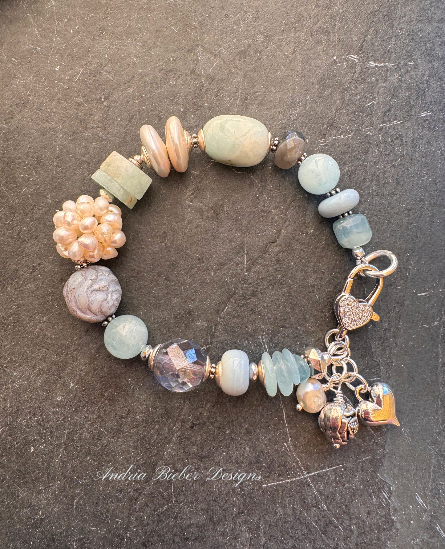 Aquamarine, blue opal, labradorite, pearls, czech glass, silver metal, bracelet