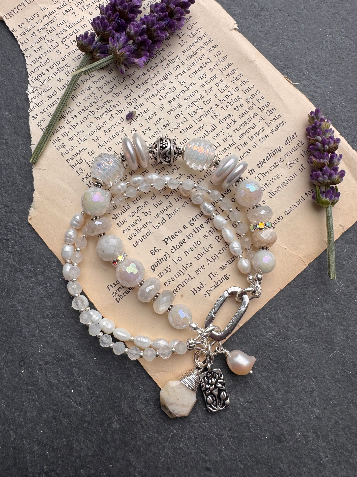 Pearls, moonstone gemstone,handmade lampwork glass, silver metal, bracelet, jewelry.