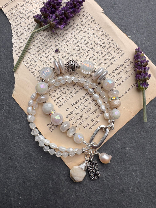 Pearls, moonstone gemstone,handmade lampwork glass, silver metal, bracelet, jewelry.