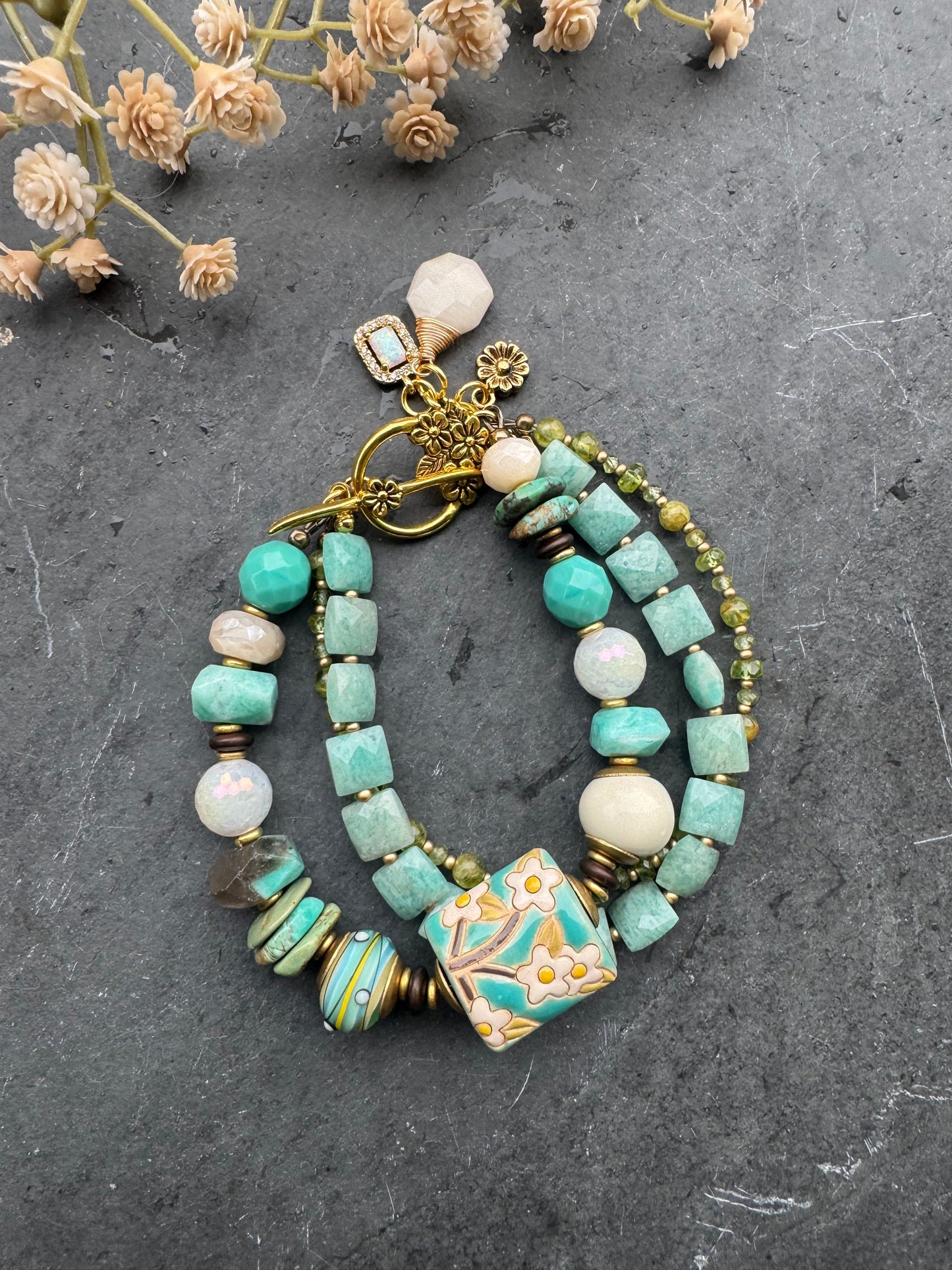 Amazonite, moonstone, Czech glass, peridot, turquoise, lampwork glass, gold metal, bracelet