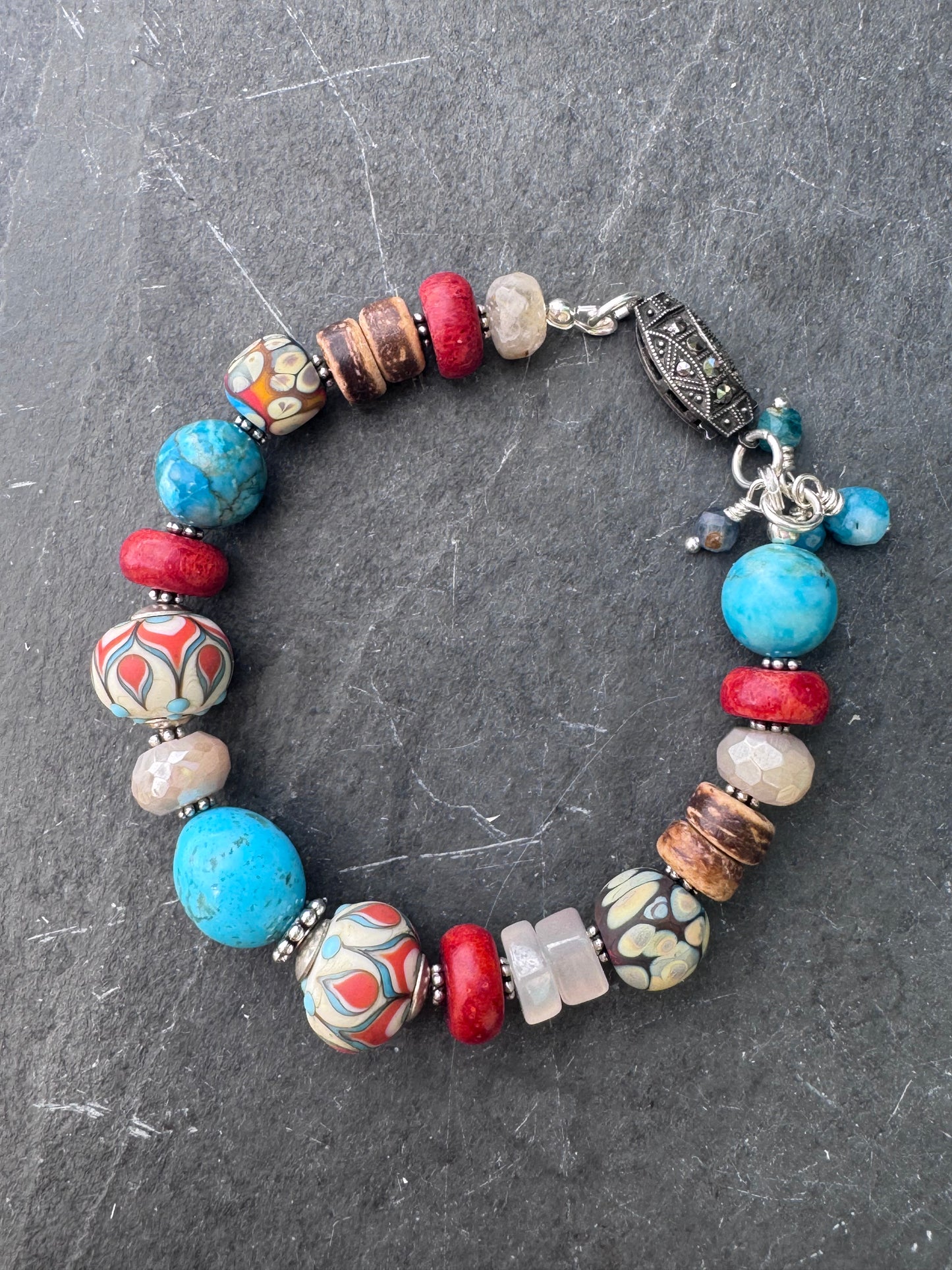 Kingman turquoise, coral, handmade lampwork glass, moonstone, silver metal, bracelet