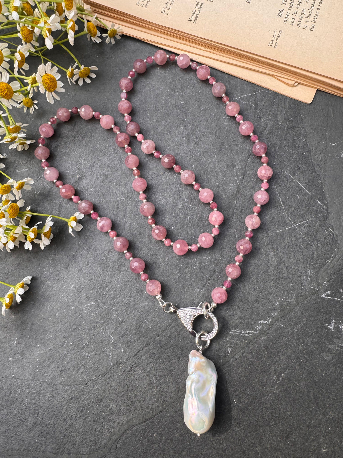 Pink tourmaline, Madagascar rose, quartz, Baroque freshwater pearl, silver metal, necklace