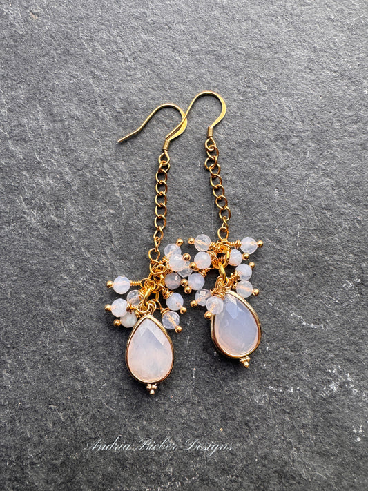 Blue agate stone, gold metal, drop earrings