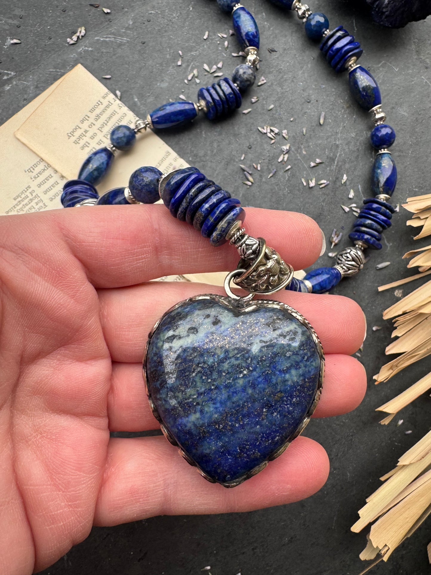 Lapis lazuli stone, lapis stone heart shaped pendant, silver metal. Chunky necklace. MTO.