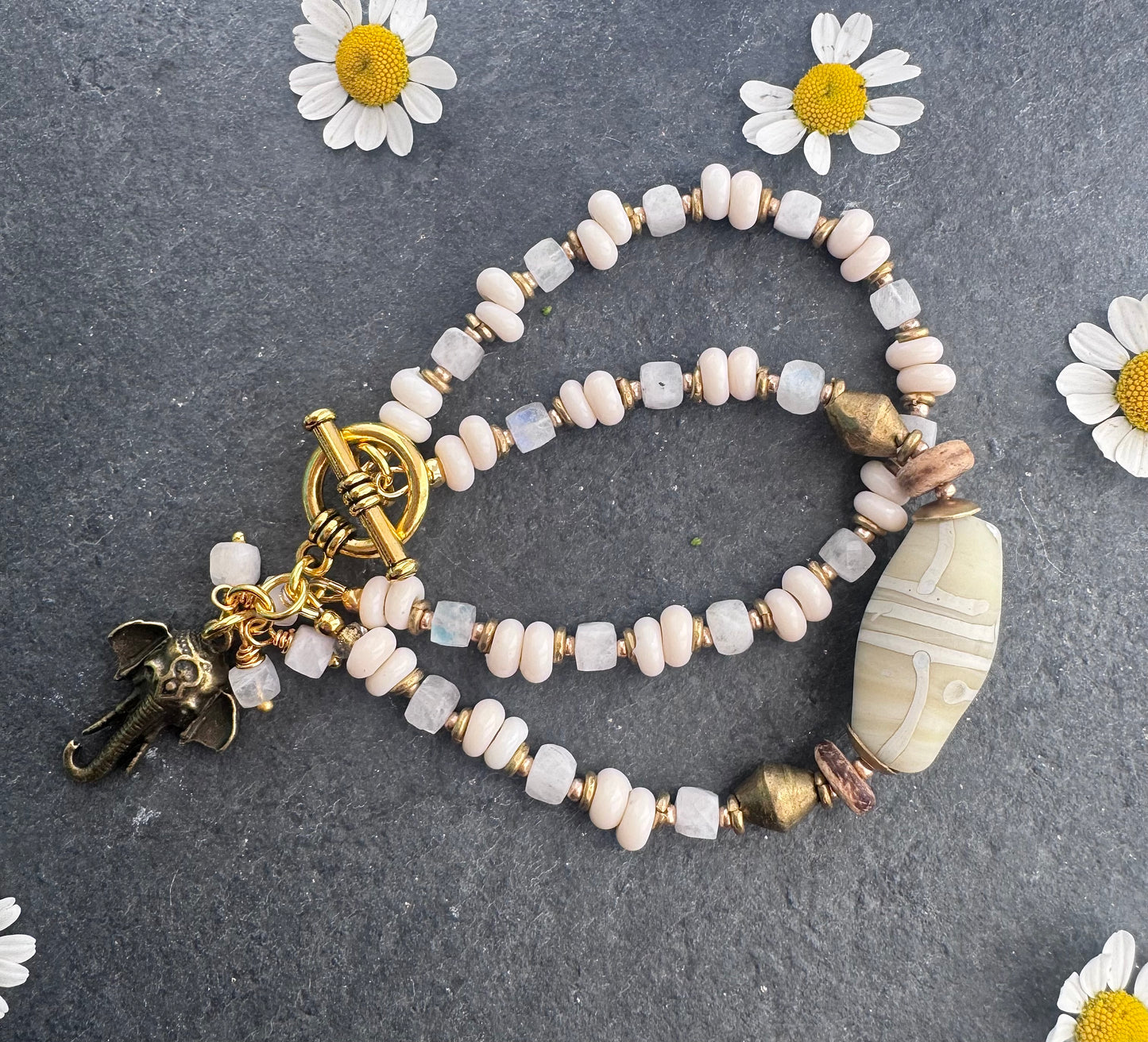Moonstone,Java glass, African brass, bracelet